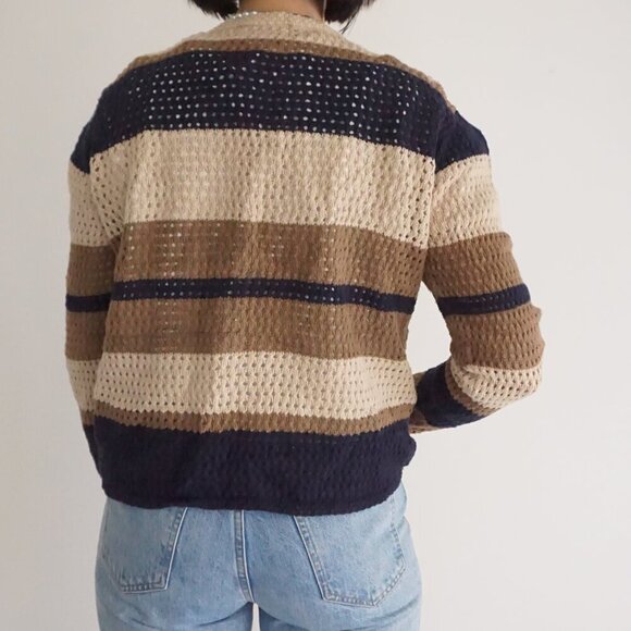 Vintage Christopher & Banks Navy Taupe Cotton Blend Button Cardigan Sweater M - Picture 2 of 9